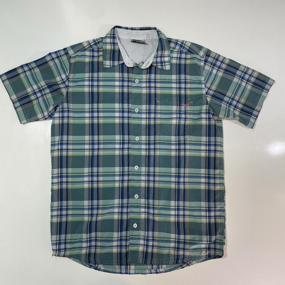 Salty Crew Men’s Fishing Shirt Checks Green Blue Short Sleeve Pocket Casual M